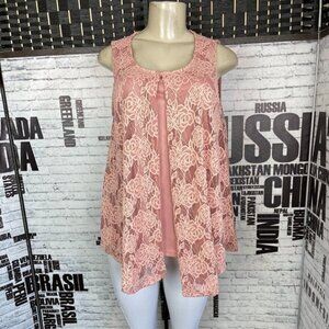 Brittany Black L Blush Floral Lace Lined Split Front Scoop Neck Sleeveless Top